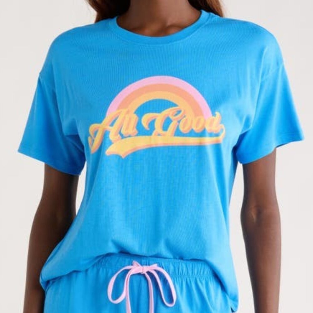 PJ Salvage Rainbow Print All Good T-Shirt Lounge Top Pajama Blue Size Medium NEW
